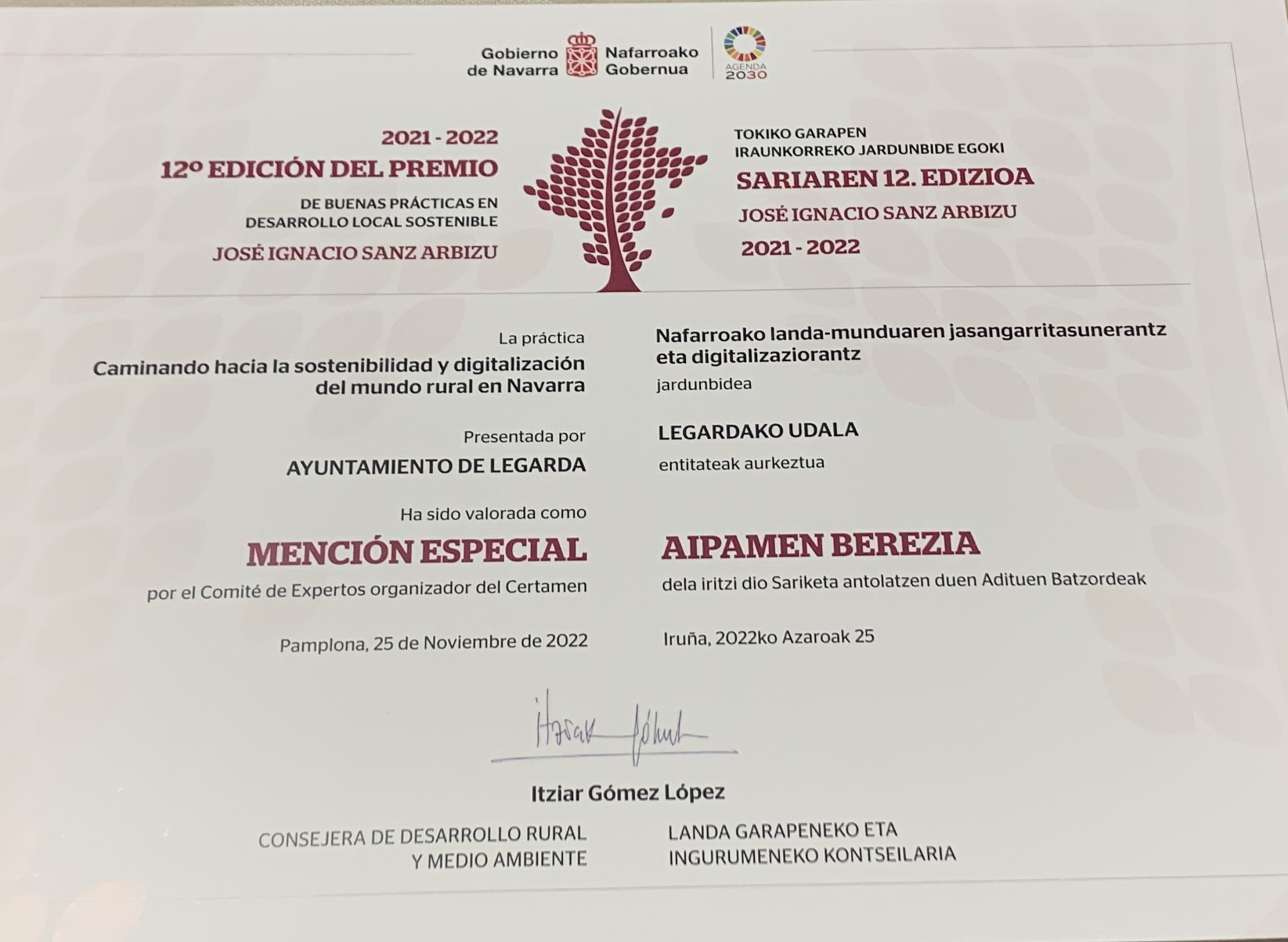 Legarda obtiene una Mención Especial en la 12ª edición de los Premios José Ignacio Sanz Arbizu de Buenas Prácticas en Desarrollo Local Sostenible